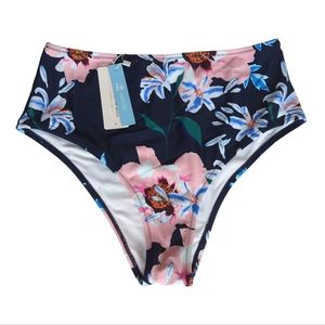 NWT Cupshe Floral Lined Swim Bikini Bottom L Navy Blue Flowers